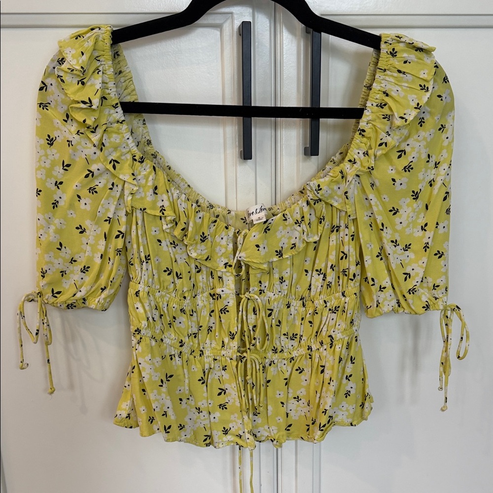 For Love And Lemons Lemon Yellow Floral Smocked Peasant Blouse